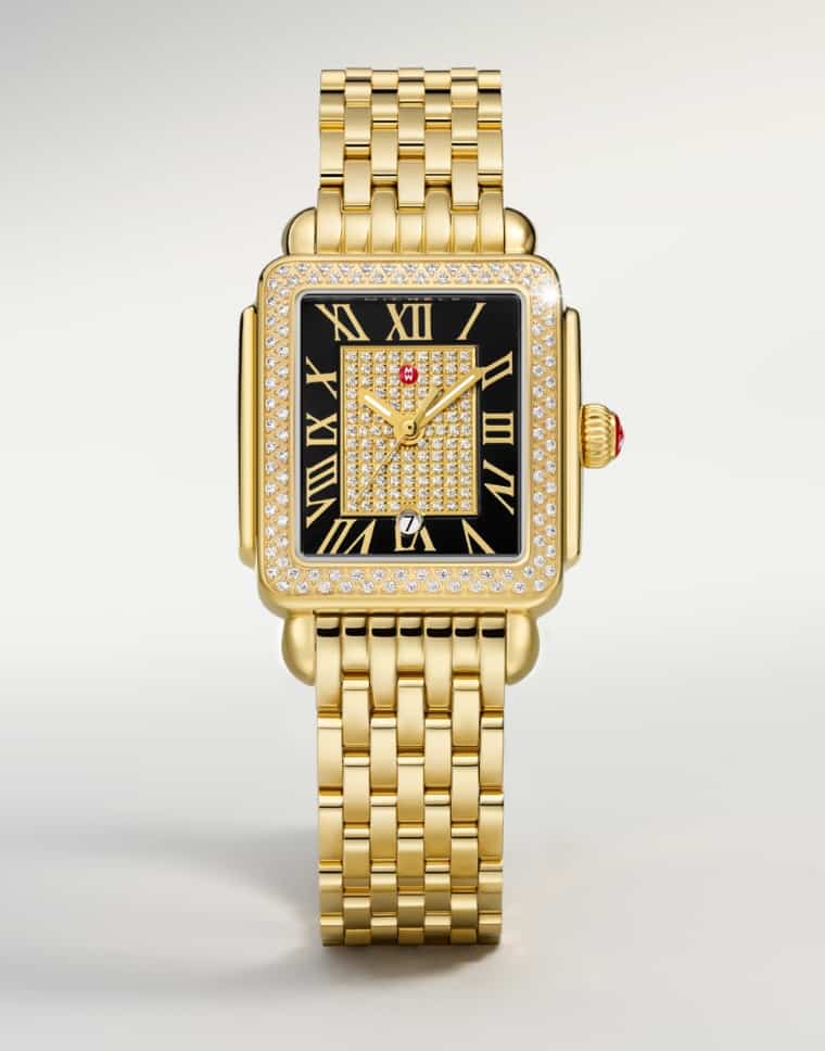 Detail shot of the Limited Edition Deco Madison Mid Pavé 18K Gold-plated watch