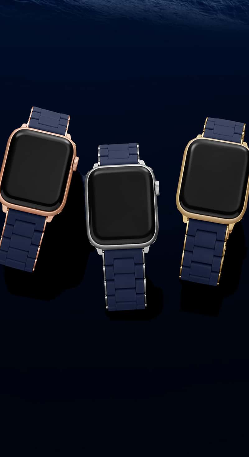 3 midnight blue silicone bands for Apple WatchⓇ shown in rose gold, stainless and gold plating options