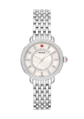 Sidney Classic watch featuring round mother-of-pearl dial, diamond-covered bezel and stainless seven-link bracelet.