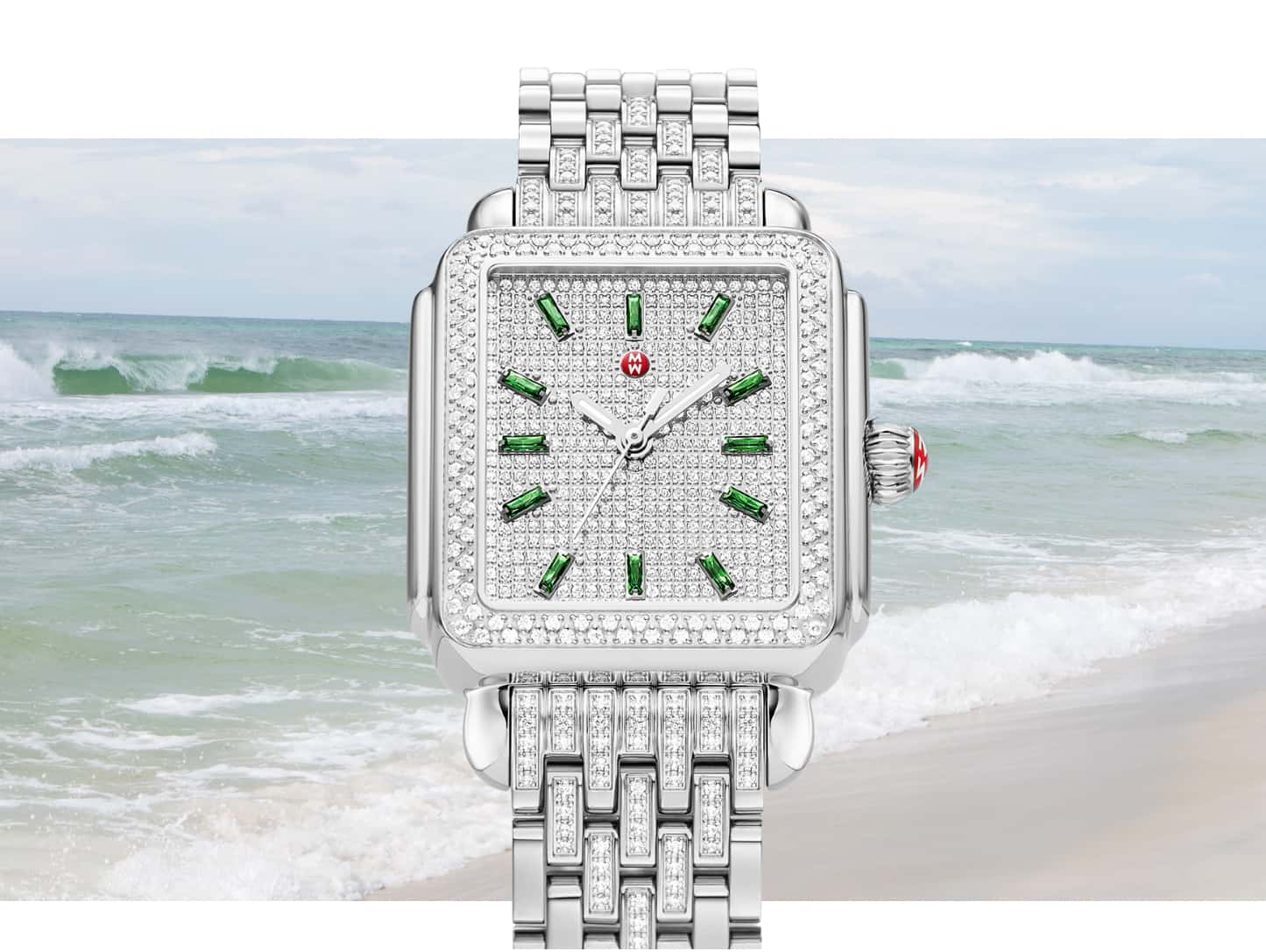 Limited-edition Deco Emerald watch featuring a full diamond dial, emerald indexes and diamond-detailed seven-link bracelet.