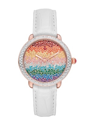 Serein Mid watach featuring a sparkling rainbow topaz dial, diamond-covered bezel, 18k pink gold case and white leather strap.