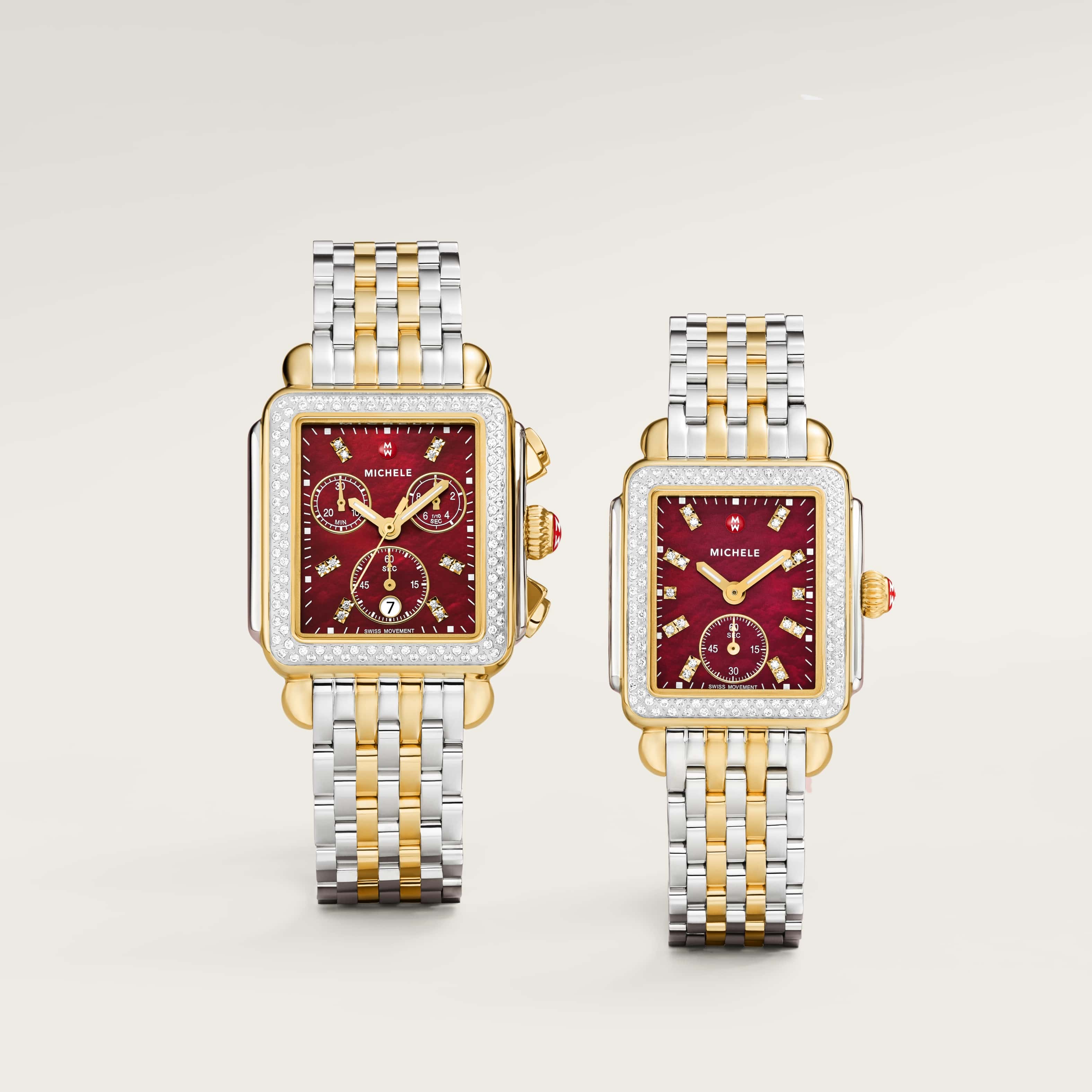 Deco Mid Ruby watch in two-tone with a ruby red face and double diamond indexes