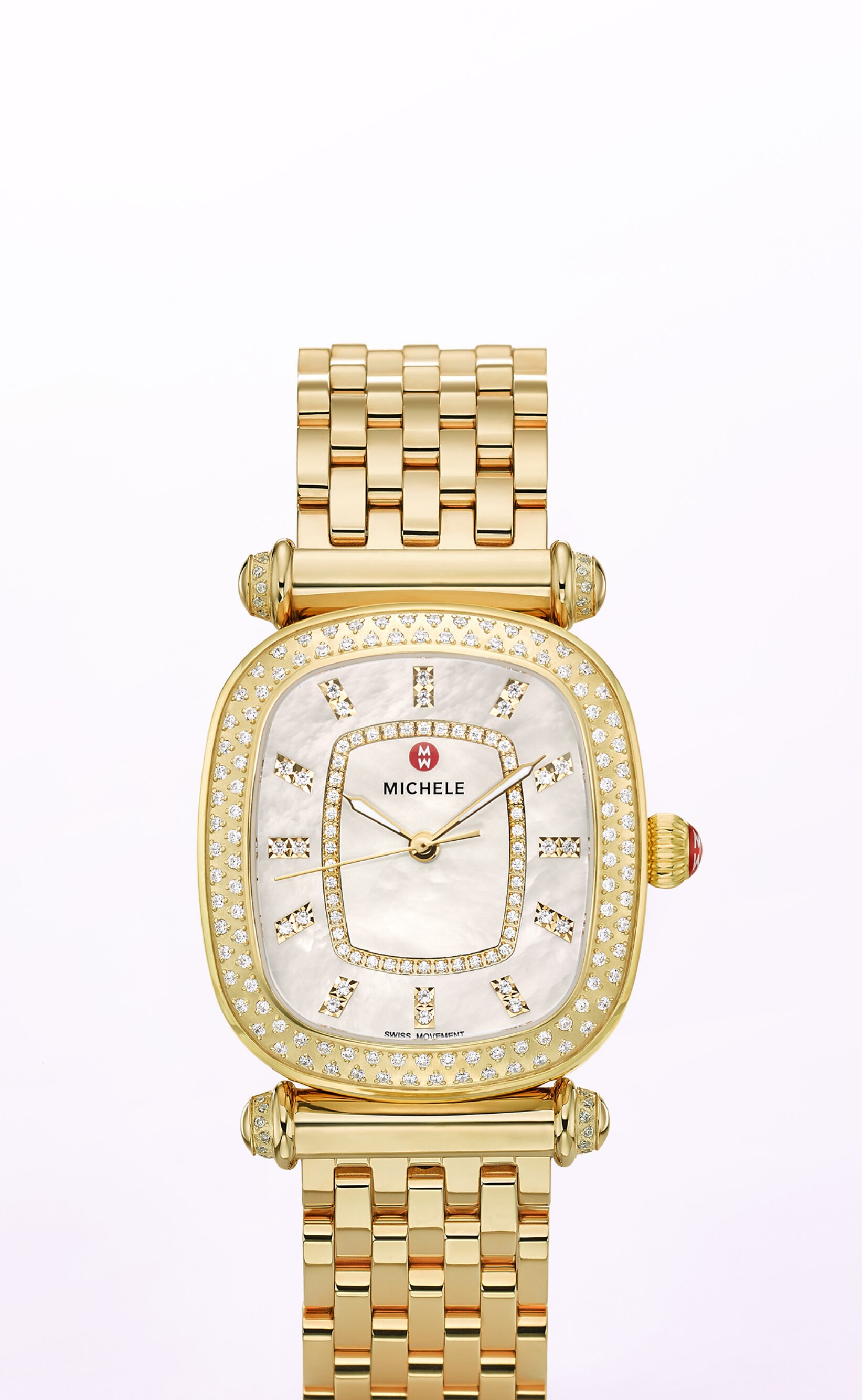 18K gold-tone Caber Isle watch featuring cushion-shaped case, diamond-covered bezel and t-bar lugs.