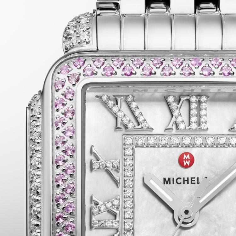 Close up of the Limited Edition Deco Madison Pink Sapphire watch 