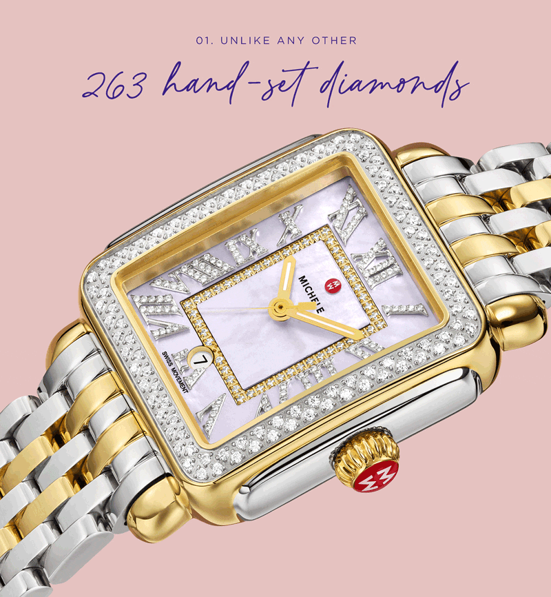 deco madison watch by MICHELE with lavender face and pave roman numberals