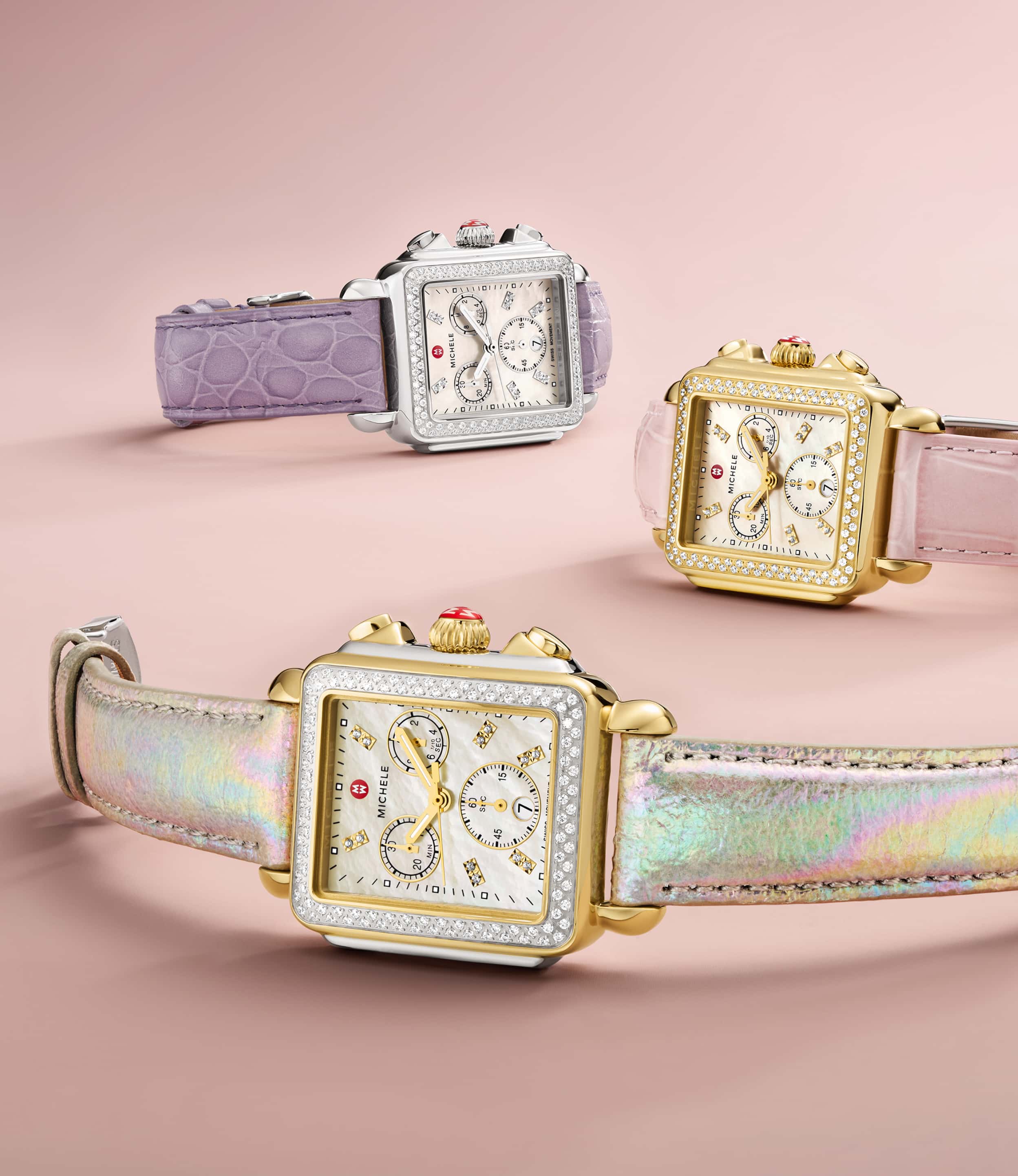 three MICHELE watches featuring colorful interchangeable straps