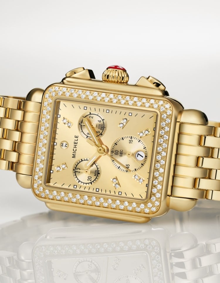 Detail shot of the Deco Diamond High Shine 18K Gold-plated watch