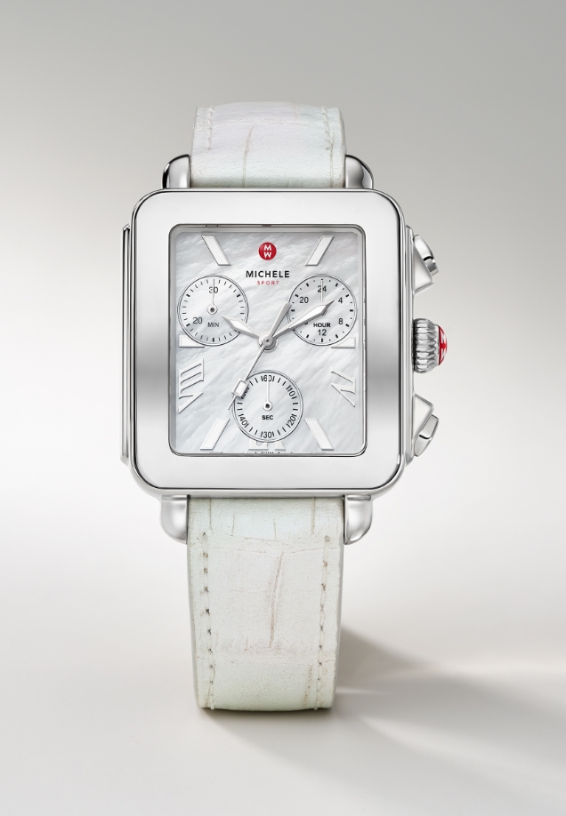 The Deco Sport Chrono watch in stainless steel plating with an iridescent croco-embossed leather strap