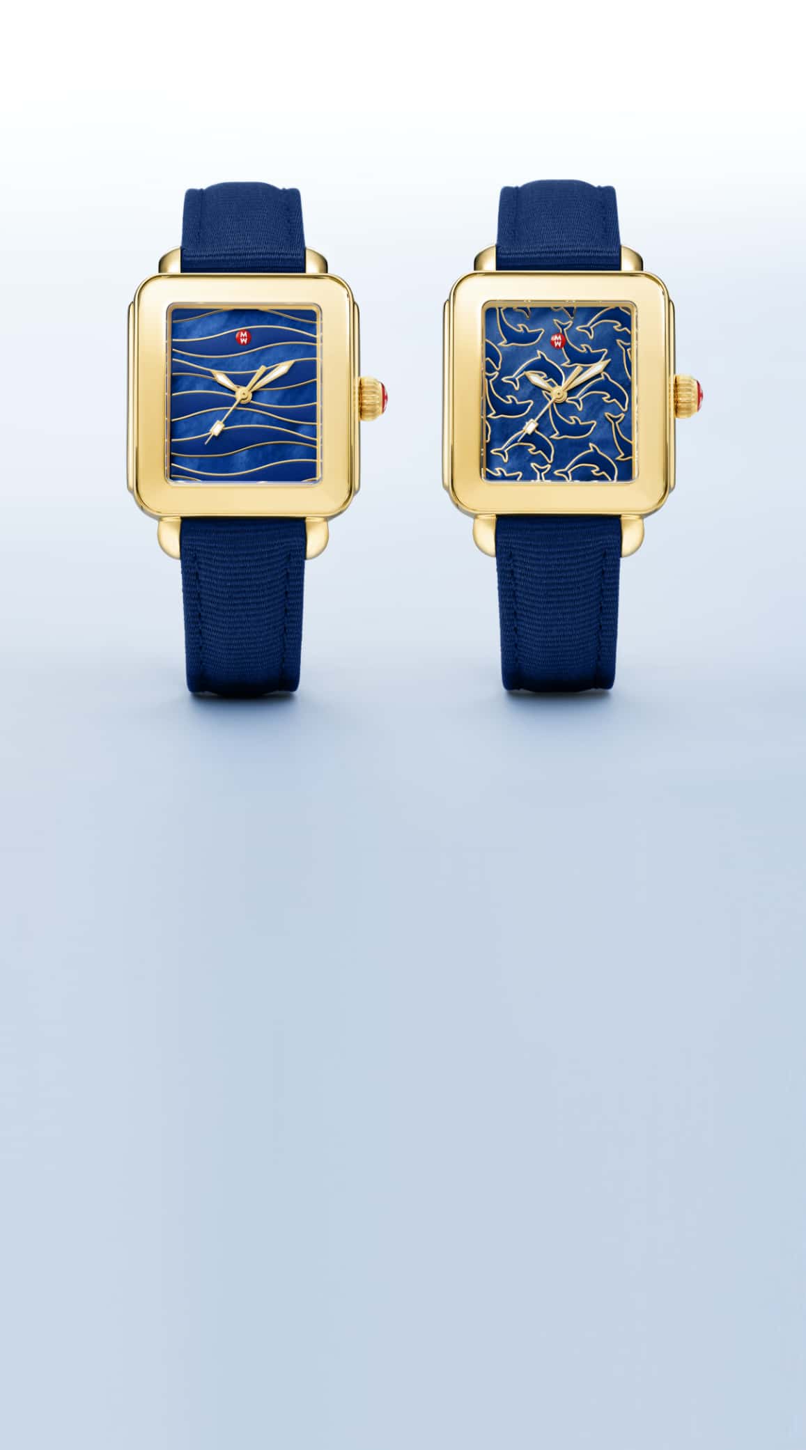 two MICHELE Deco Sport Sustainable watches with blue faces