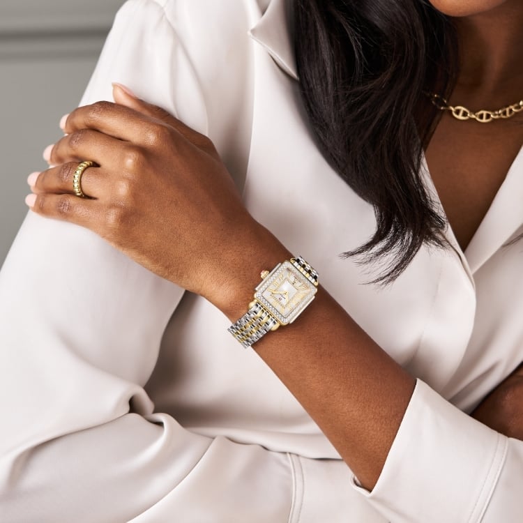 The Deco Madison Mid Diamond Two-tone 18K Gold-plated watch shown on a wrist