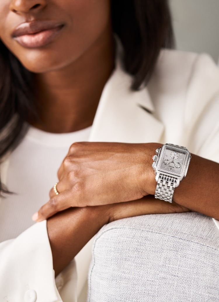 Woman wearing the Deco Diamond High Shine Stainless Steel watch