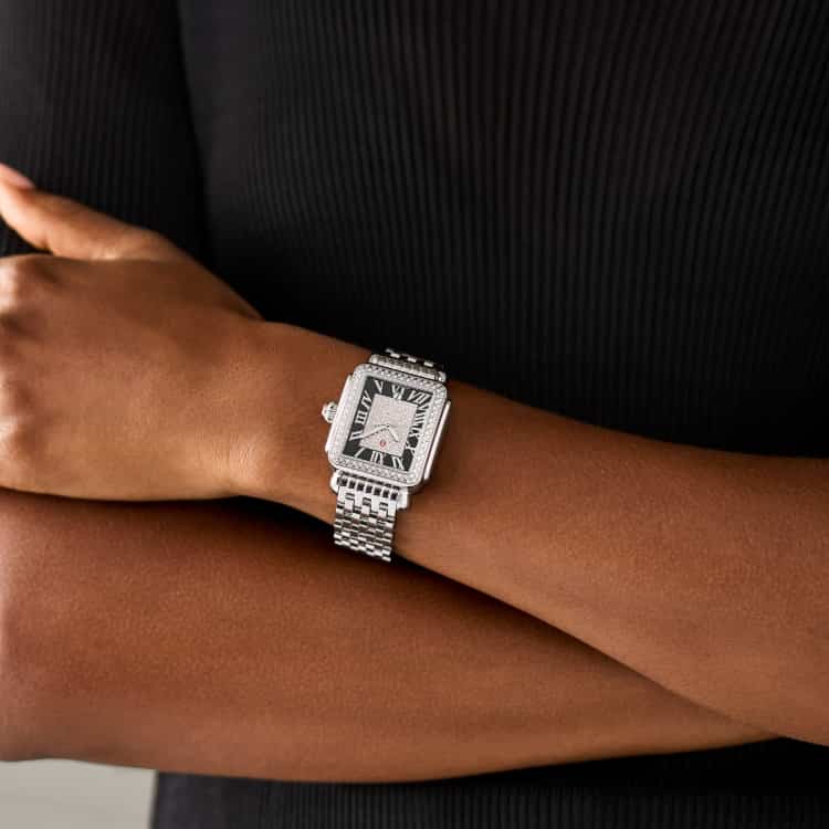 The Limited Edition Deco Madison Pavé Noir Stainless Steel watch shown on a wrist