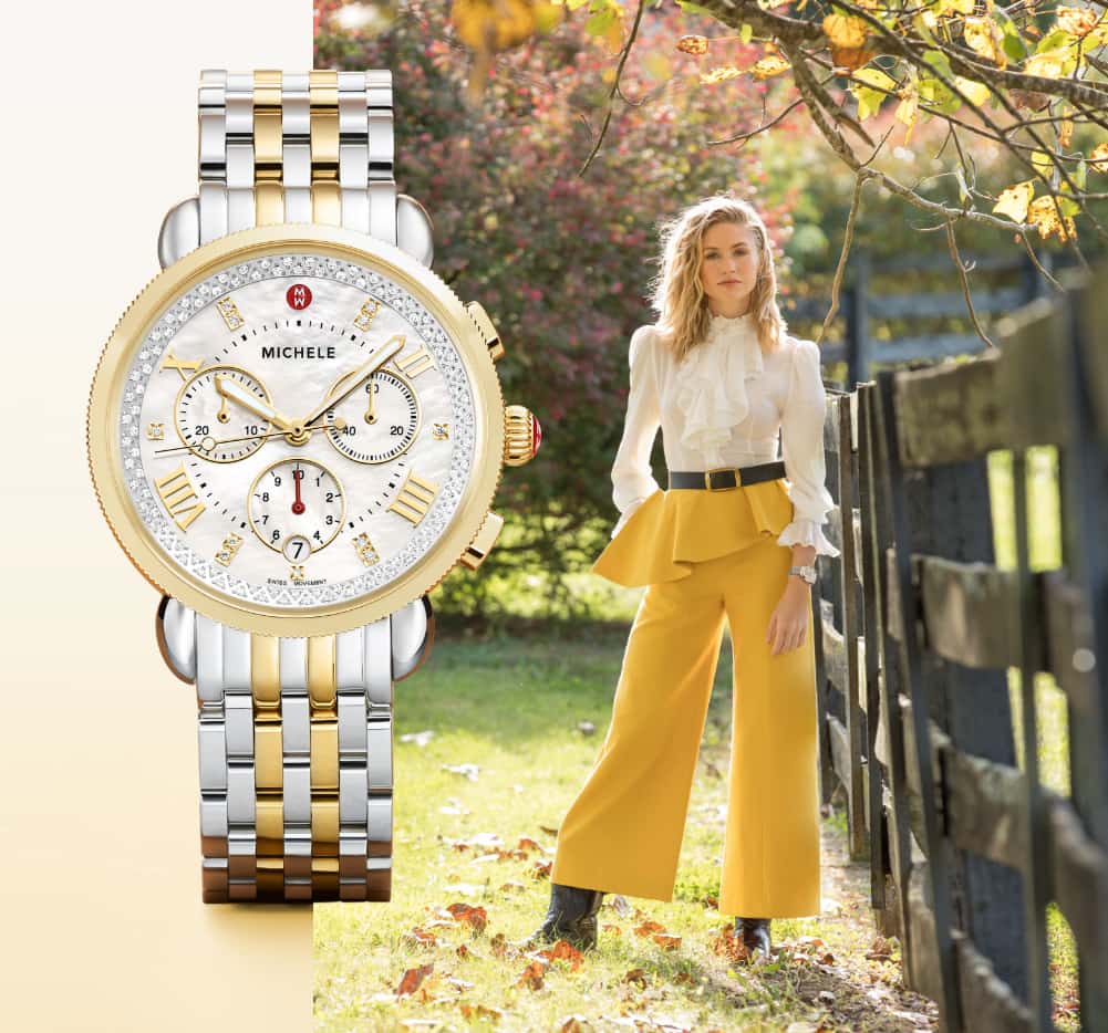 Fashionable woman wearing Sport Sail watches in two-tone with stianless and 18K gold-plating