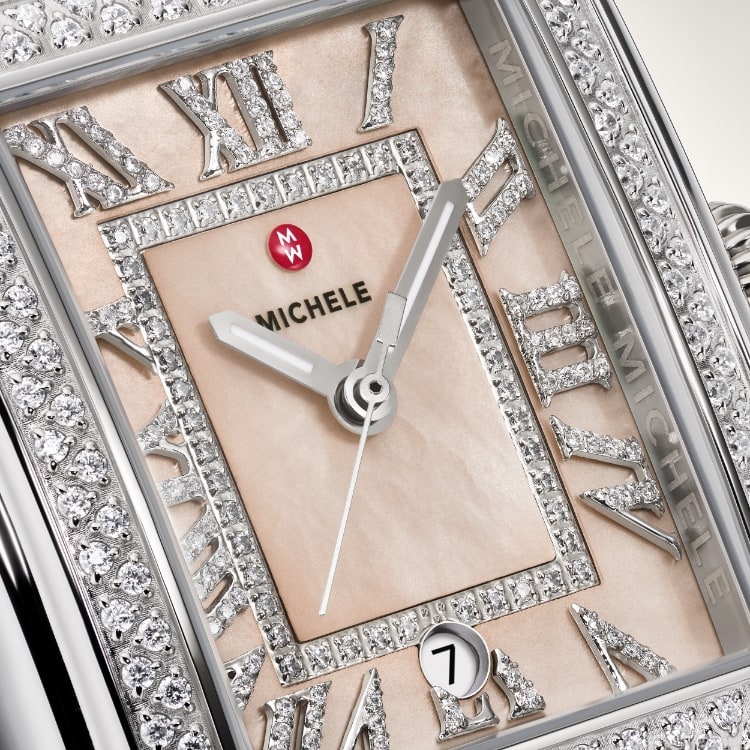 Closeup of the Deco Madison Diamond Peony watch in two-tone