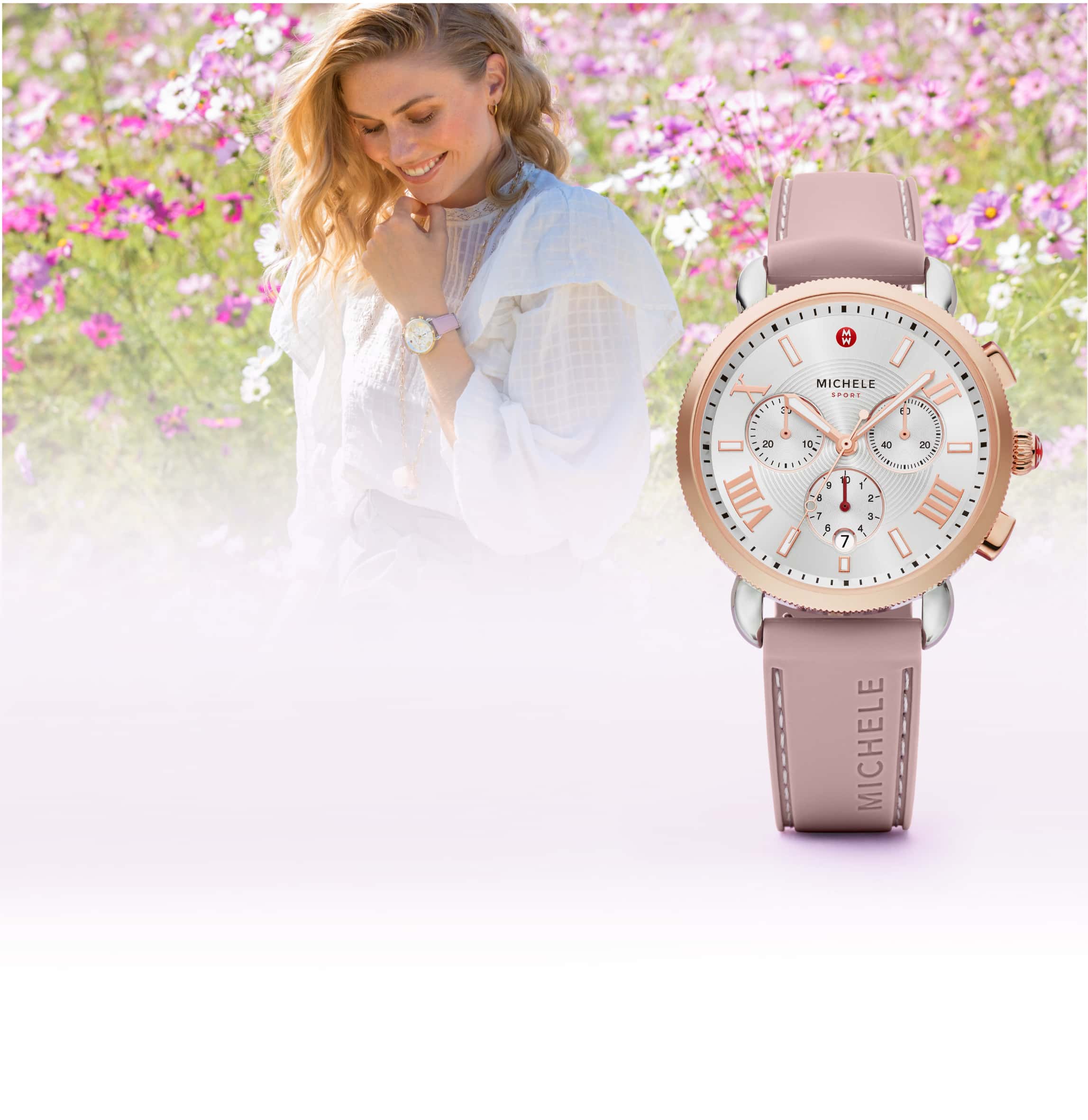 Young woman in a field of flowers wearing casual outfit and Sporty Sport Sail watch in rose.