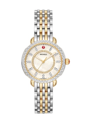 Sidney Classic watch featuring round mother-of-pearl dial, diamond-covered bezel and two-tone 18k gold and stainless seven-link bracelet.