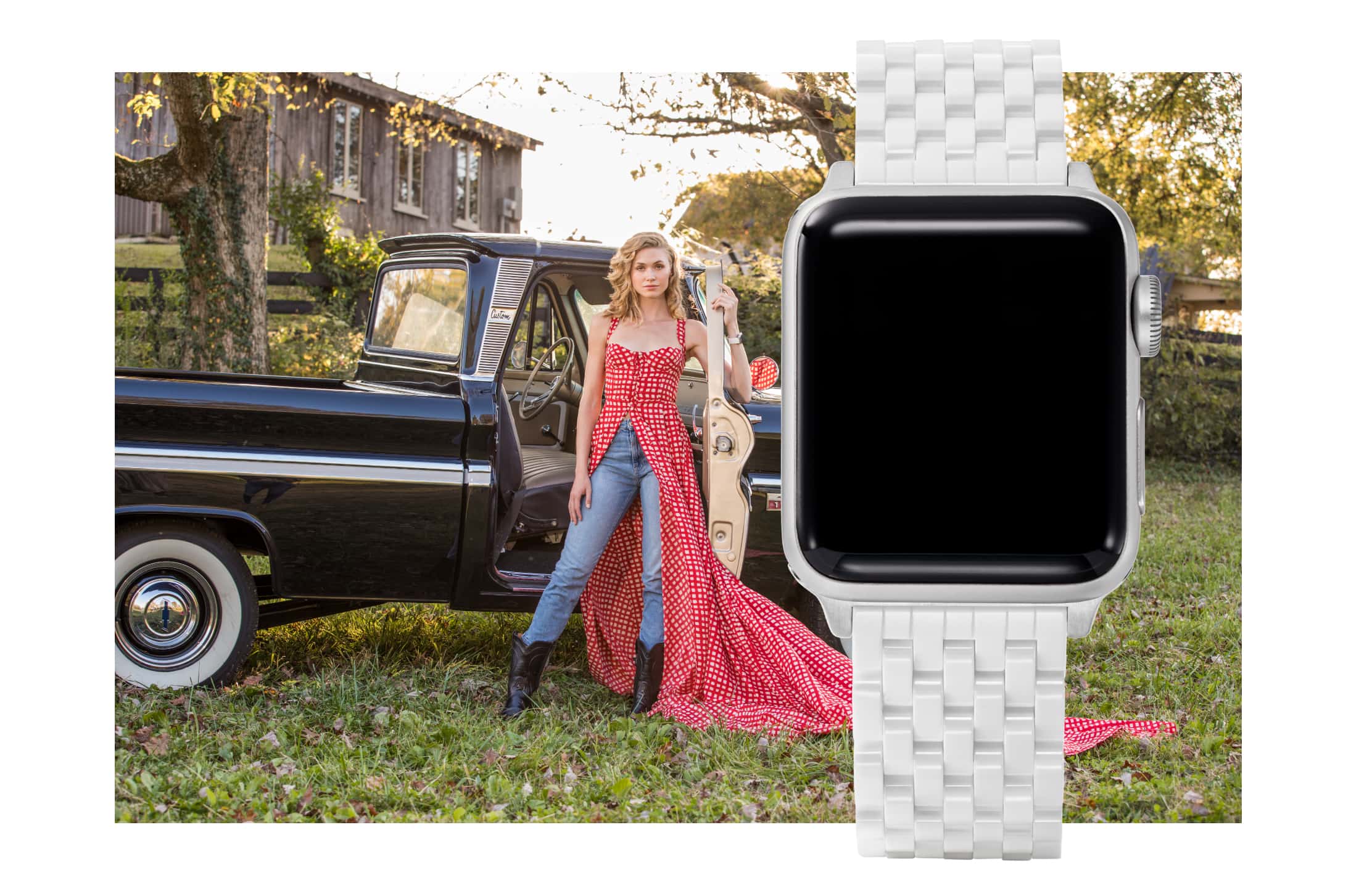 Stylish woman wearing all-white ceramic seven-link bracelet band.