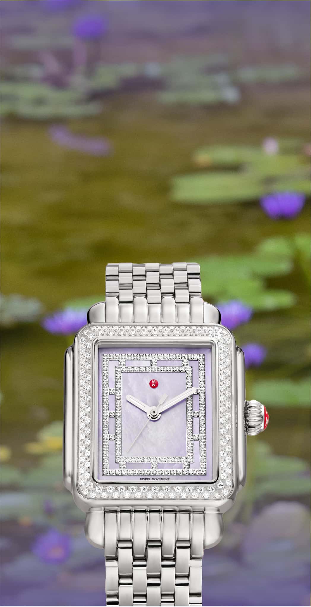 Deco watch with lavender mother-of-pearl face and pave diamond design