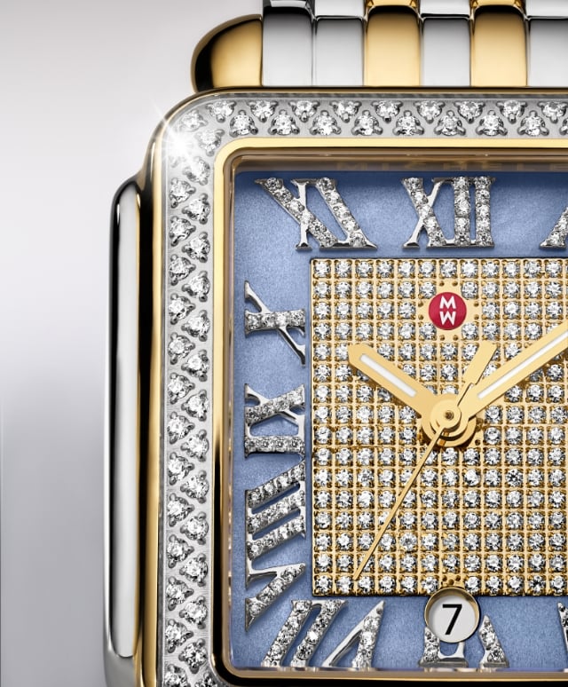 A close up of the Limited Edition Deco Madison Blue Dusk Pavé Two-tone 18K Gold-plated watch 