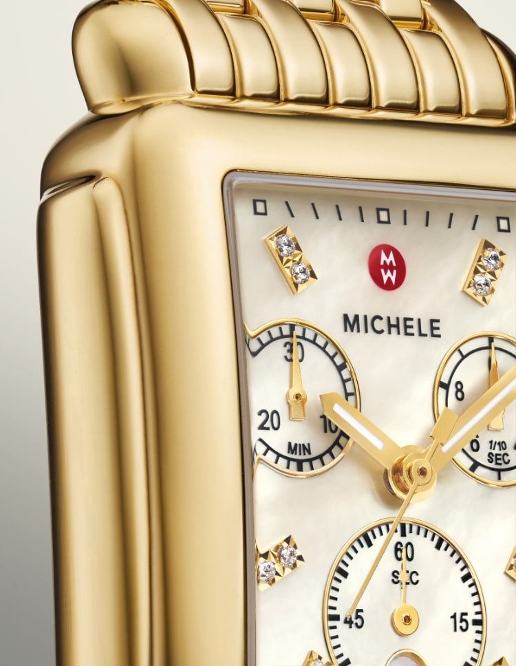 Detail shot of the Deco Sport Chrono watch with an iridescent white leather strap