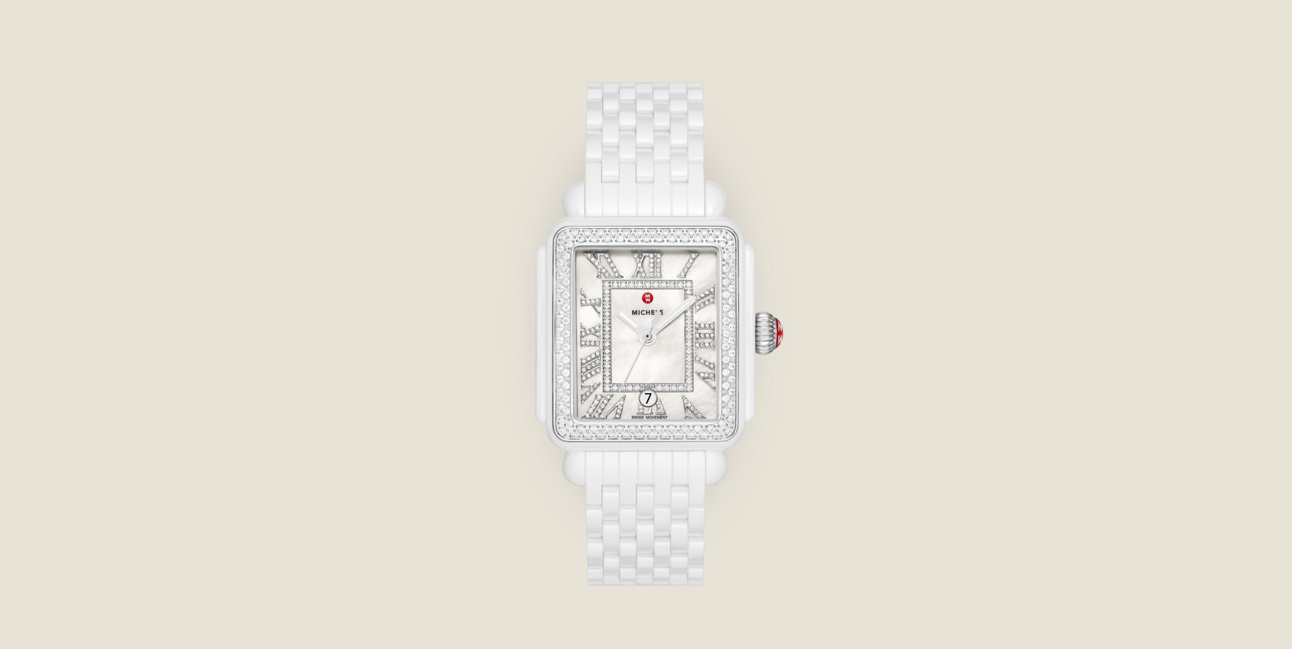 Detailed shot of the Deco Madison White Ceramic Diamond Watch 