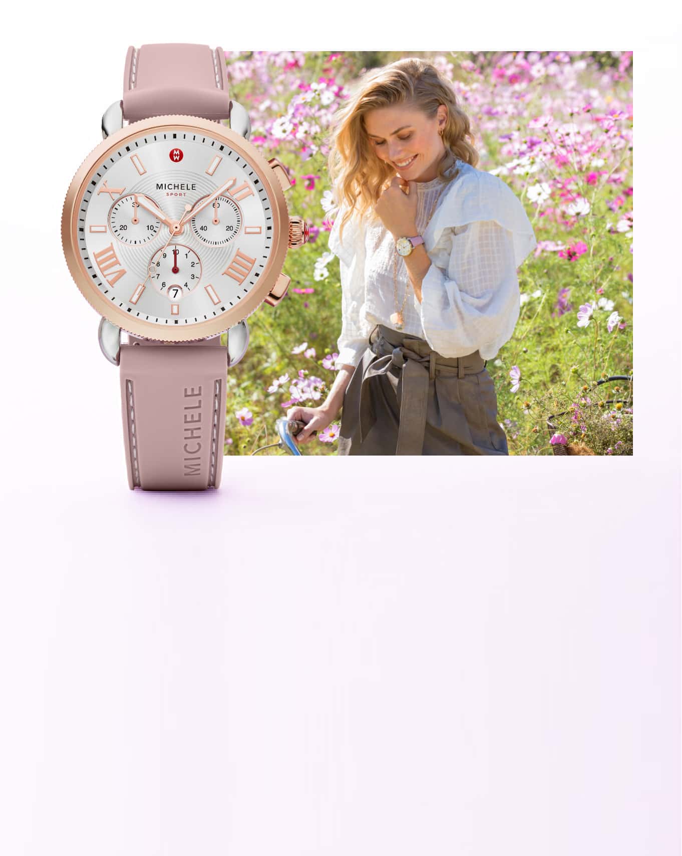 Fashioable woman in field with rose sporty sport sail watch.