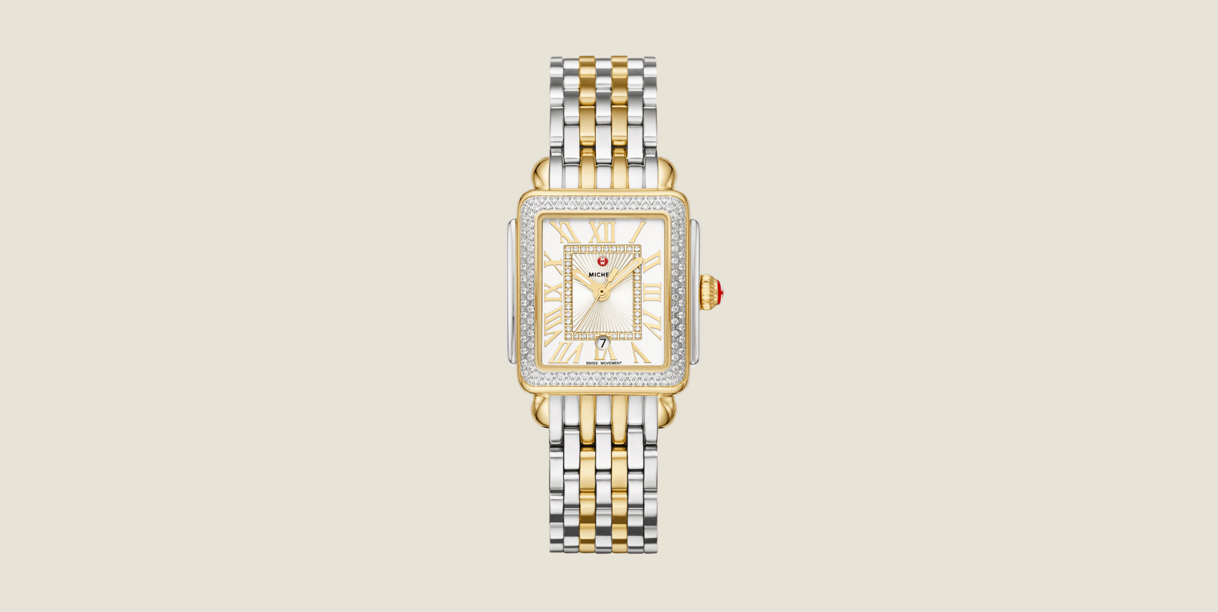 Detailed shot of the Deco Madison White Ceramic Diamond Watch 