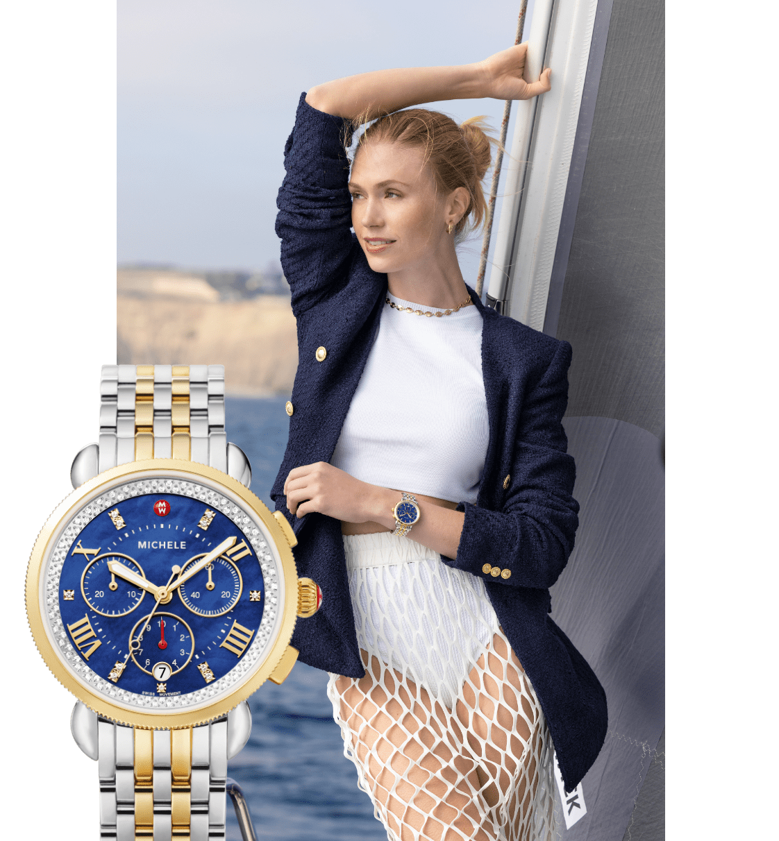 woman on a boat wearing a cobalt faced MICHELE Sport Sail watch