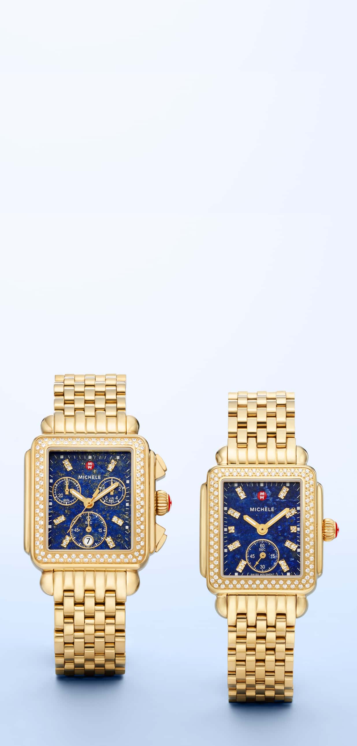 two MICHELE deco gold watches with blue faces
