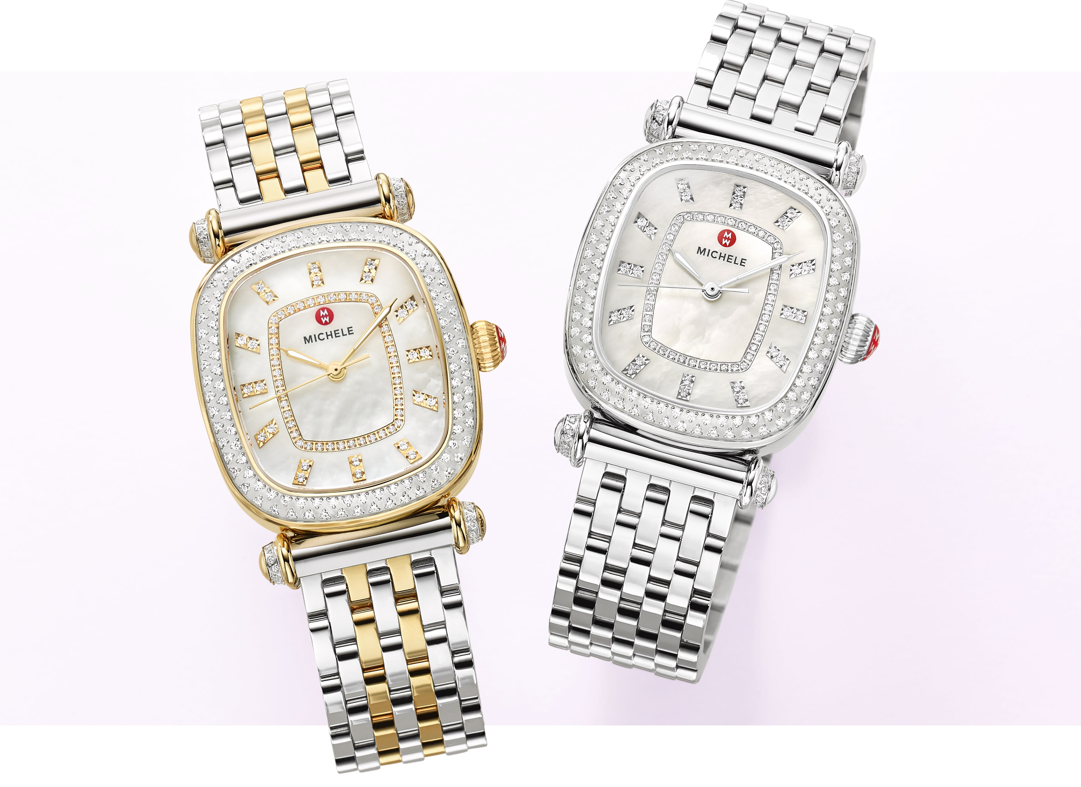 Two-tone stainless and 18K gold-tone Caber Isle and stainless Caber Isle watches featuring cushion-shaped case, diamond-covered bezel and t-bar lugs.