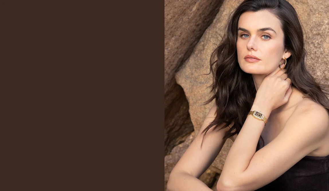 A woman wearing the gold deco madison mini