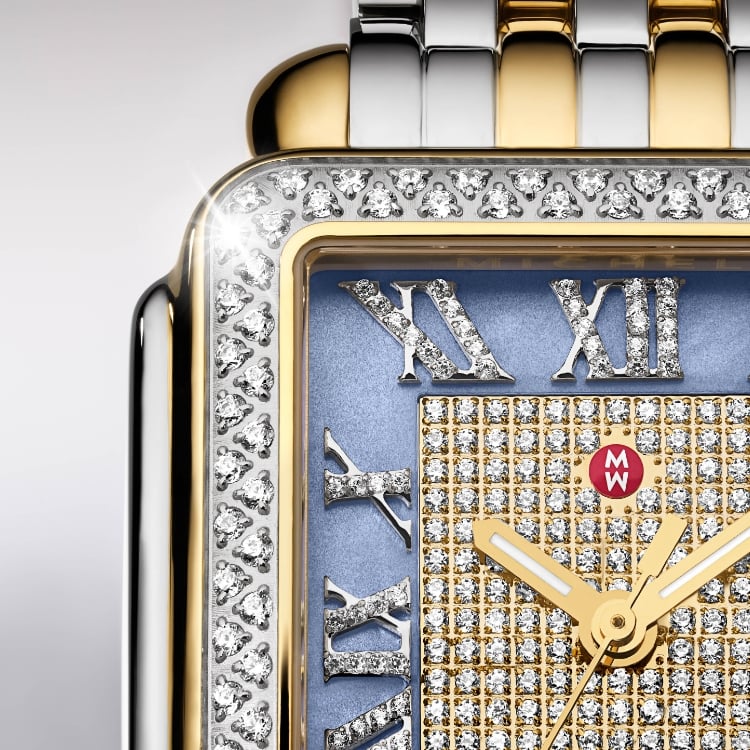 Close up of the Limited Edition Deco Madison Blue Dusk Pavé watch.