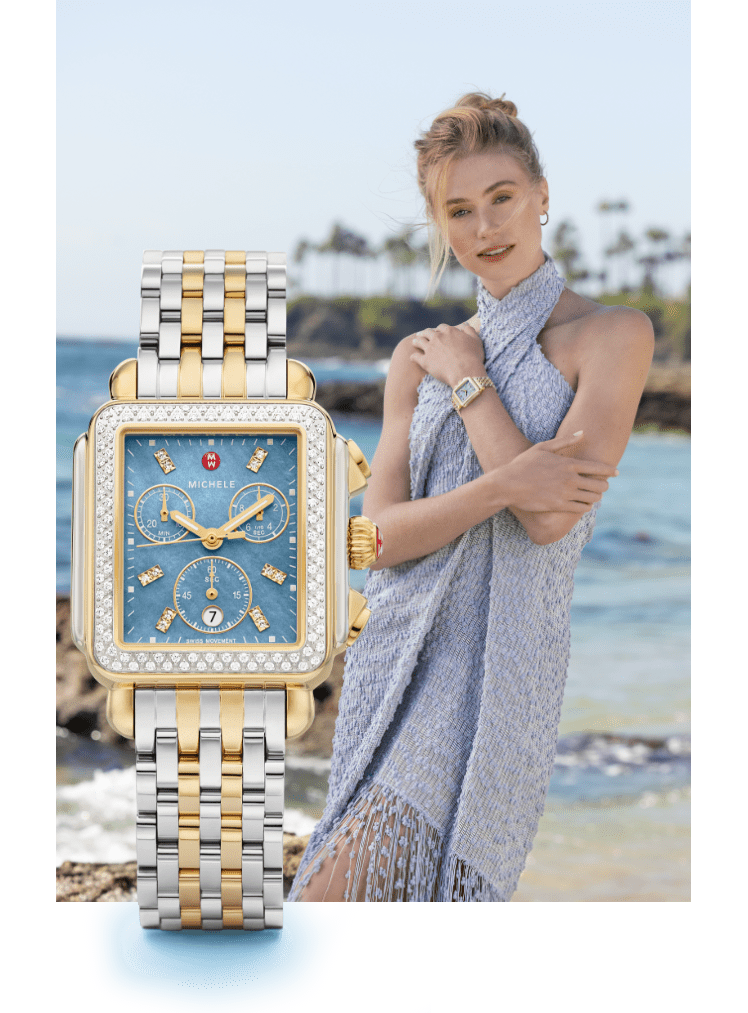 Our best-selling Deco is dressed up in two-tone stainless and 18K yellow gold with a blue mother-of-pearl dial.