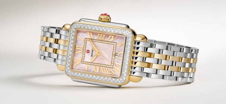 Detail shot of the Deco Madison Diamond Peony watch in two-tone.