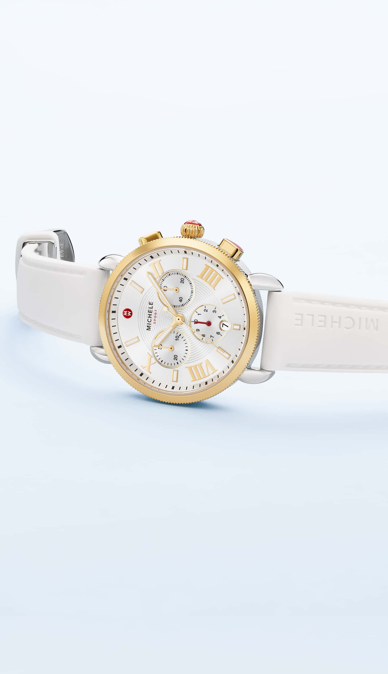 MICHELE Sporty Sport Sail watch in gold with white silicone band