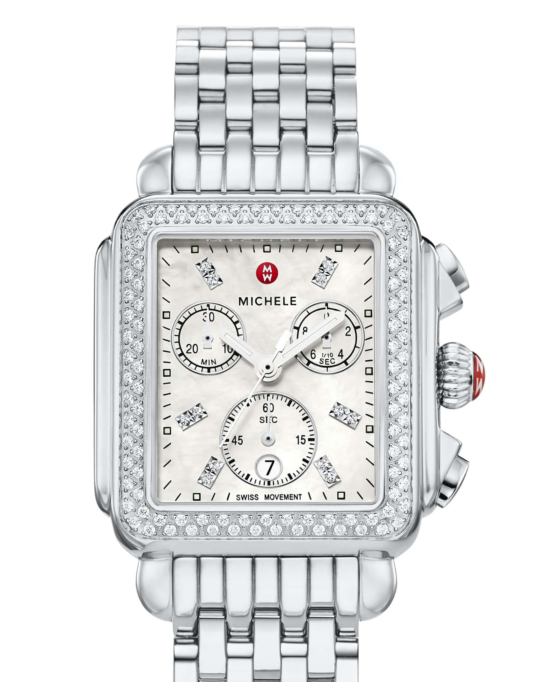 Iconic Deco watch in stainless featuring mother-of-pearl dial, diamond-covered bezel and signature seven-link bracelet.