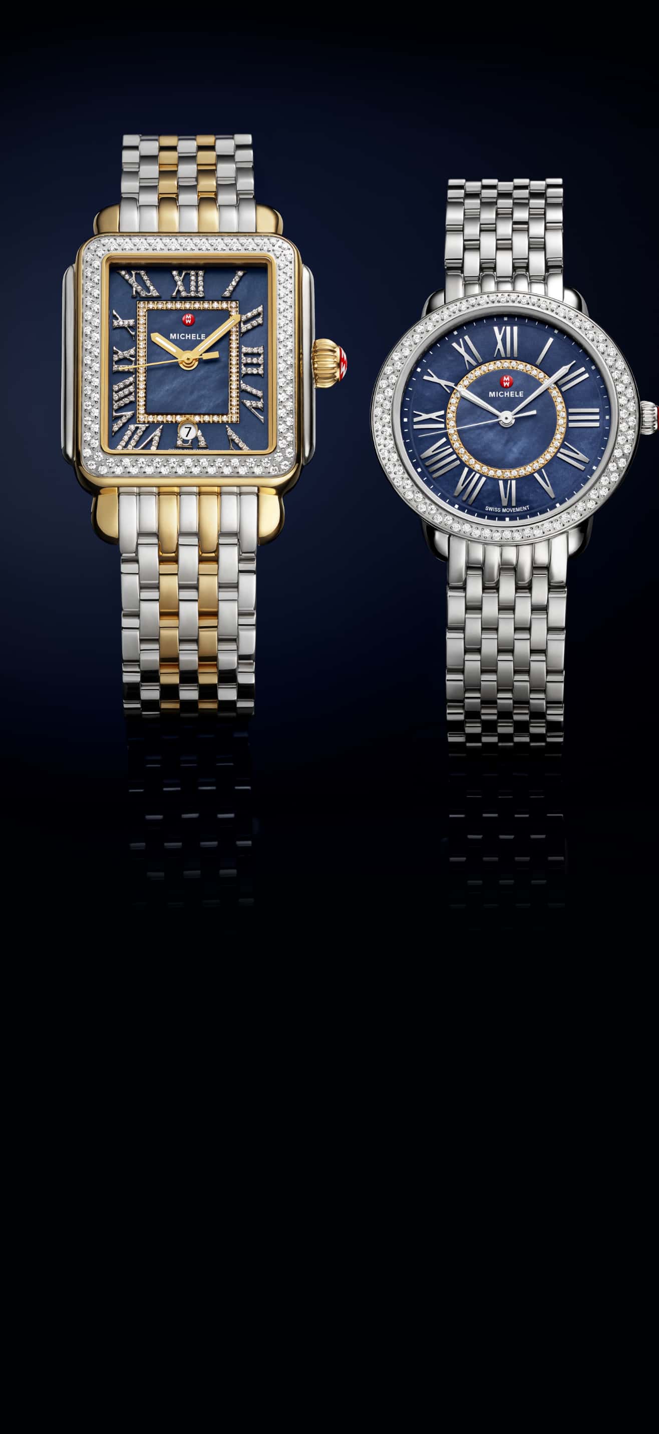 Two MICHELE watches together, a Deco Madison Diamond and Serein Mid Diamond, with midnight dials
