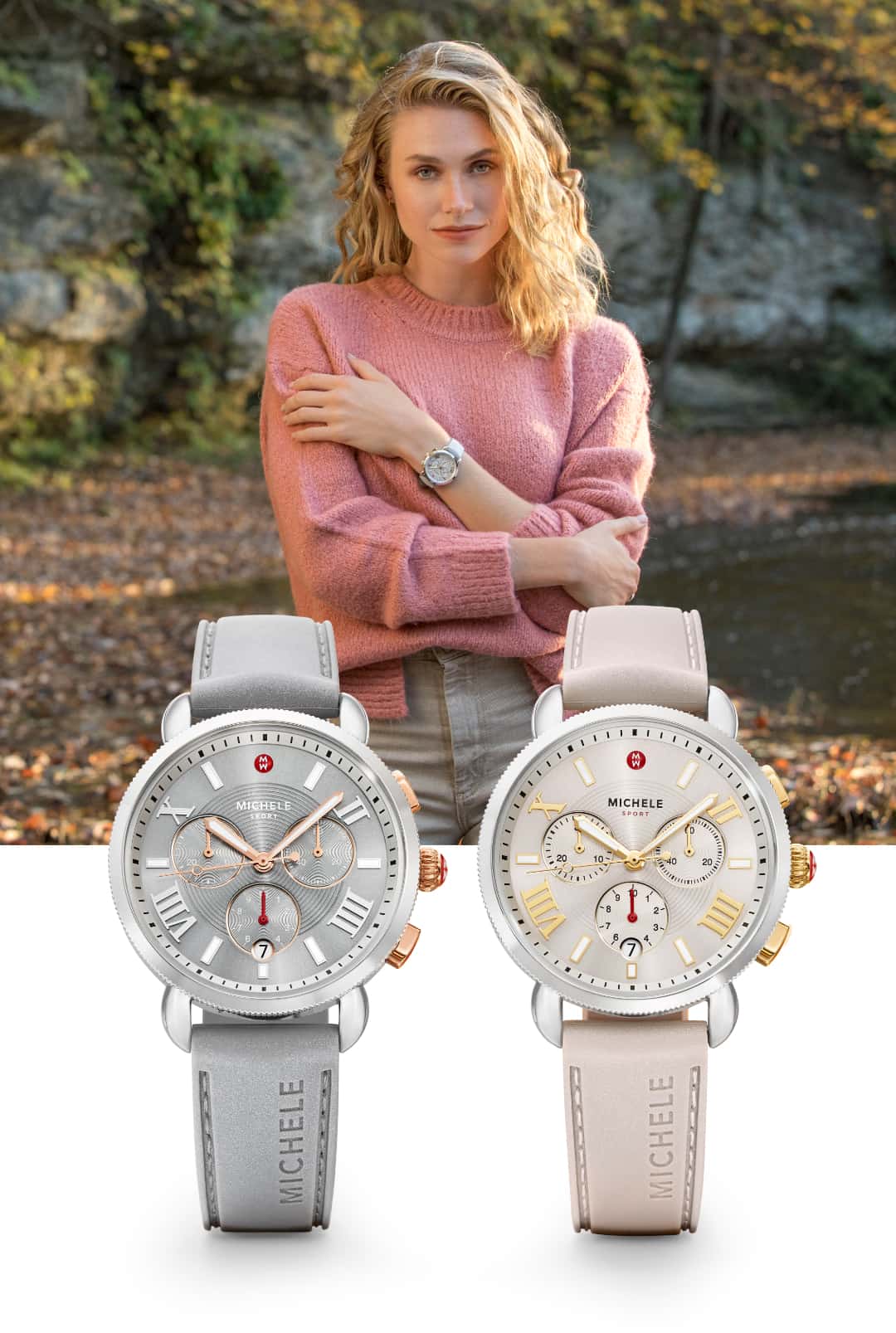 Two Sporty Sport Sail watches in slate with pink gold-tone and wheat with gold-tone.