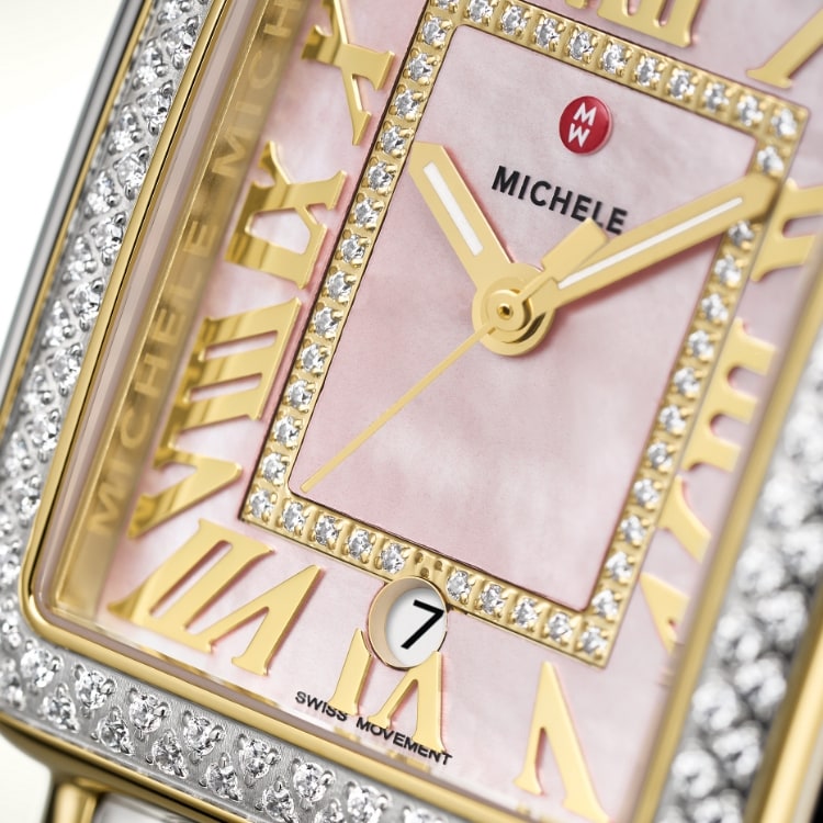 Closeup of the Deco Madison Diamond Peony watch in two-tone