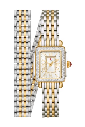 Deco Madison Mini watch in 18k gold and stainless featuring a mother-of-pearl dial with  numeral indexes, diamond-covered bezel and 18k gold and stainless seven-link double-wrap bracelet.