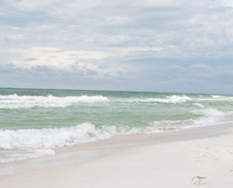 Beautiful view of sand-lined beach and crystal-green waters on Alys Beach.
