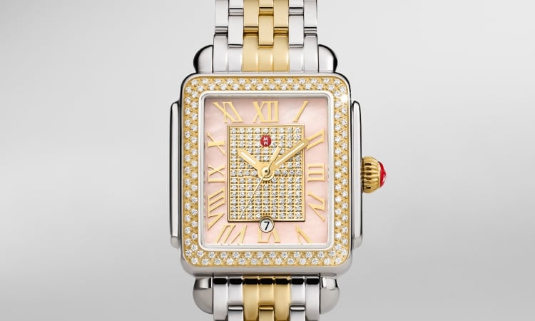 Detail shot of the Limited Edition Deco Madison Mid Pavé watch featuring a Ballet Pink mother-of-pearl and pavé dial.