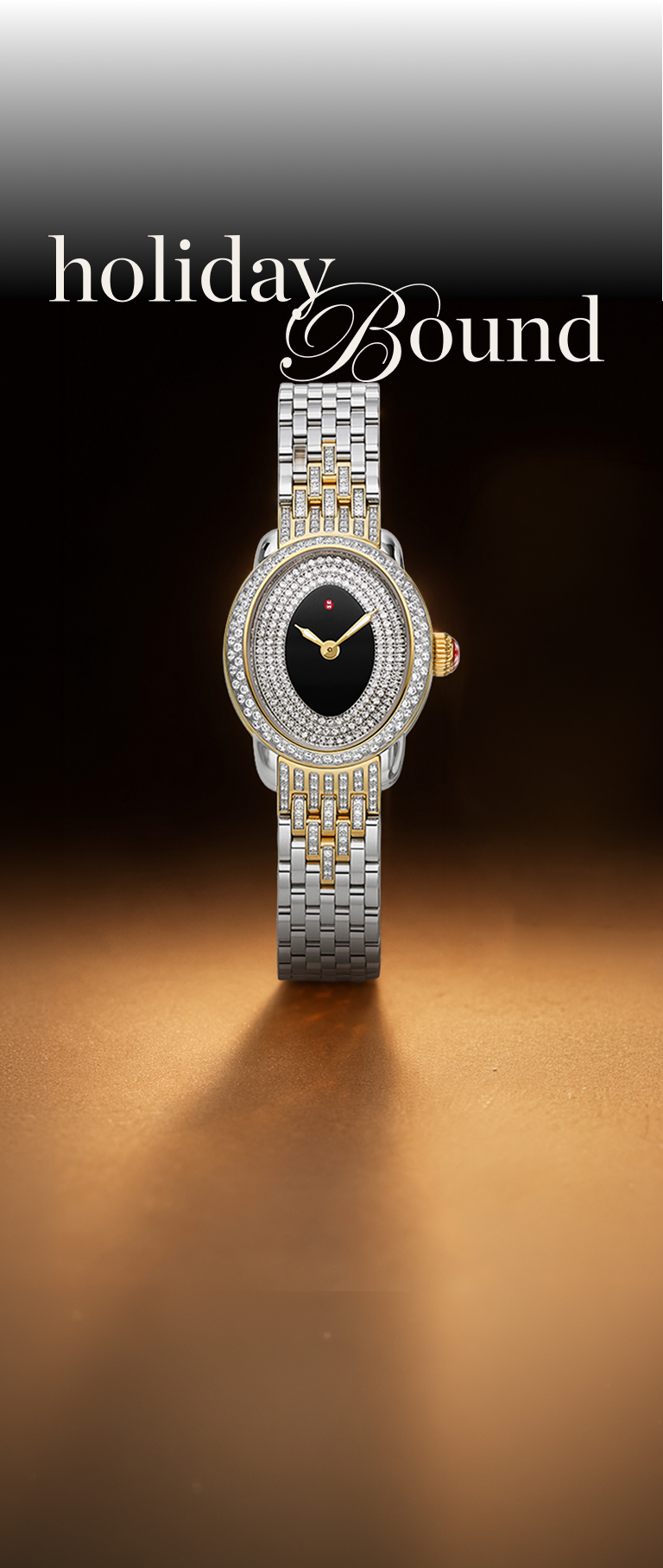 close up shot of the Serein Oval with noir gloss and pave dial