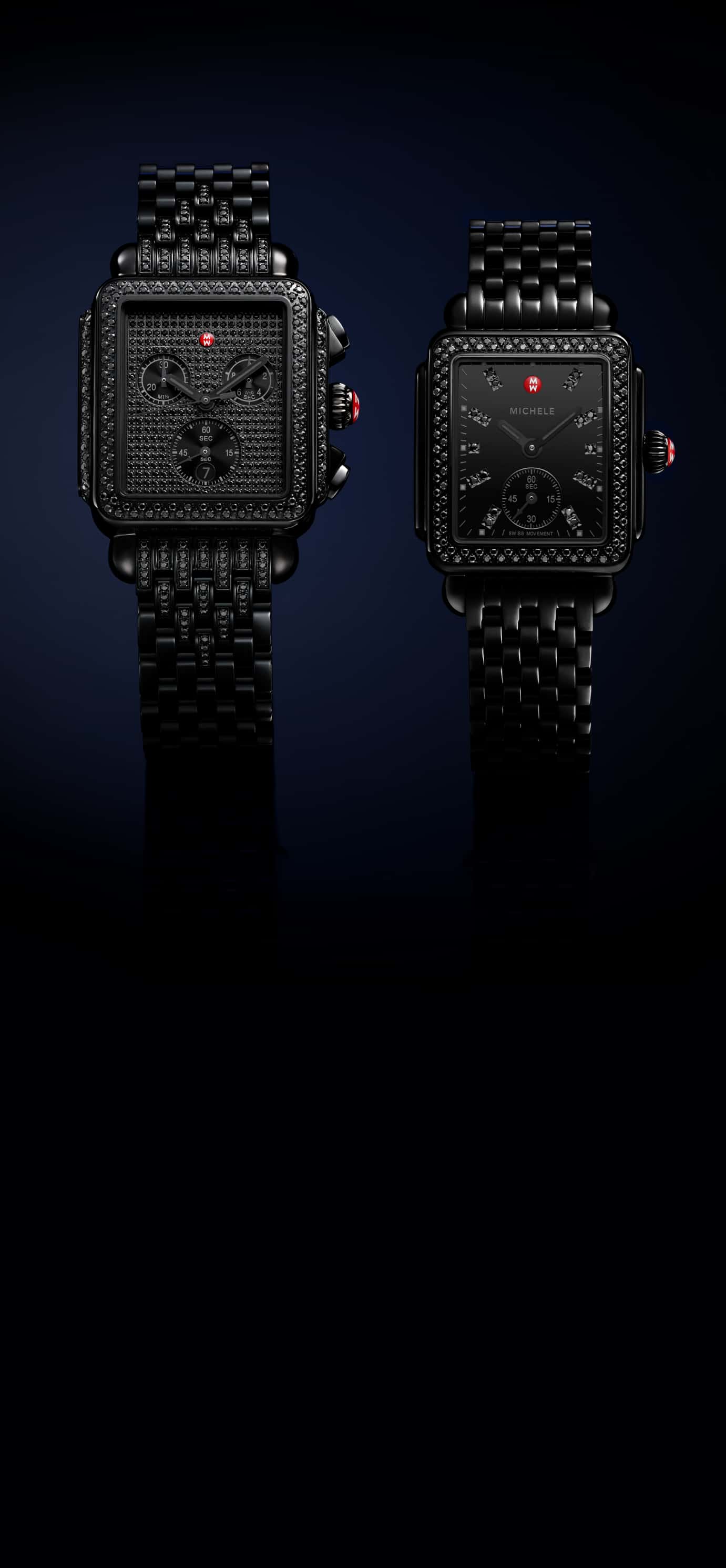Special Edition Deco Diamond Pavé Noir and Deco Mid Diamond Noir watches by MICHELE featuring black diamonds