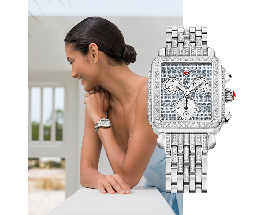Elegant woman wearing ball gown and limited-edition Deco stainless pavé sapphire & diamond watch featuring a sky blue dial, diamond-covered bezel and bracelet and sapphire-covered dial.