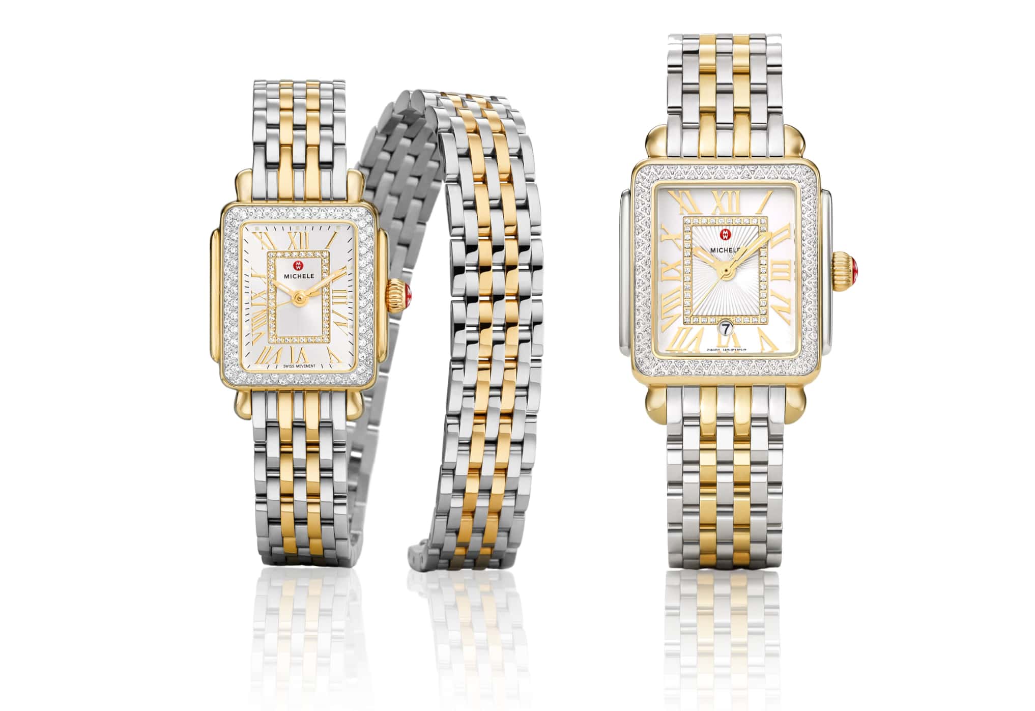 Deco Madison and Deco Madison Mini double-wrap watches in two-tone stainless and 18K gold.