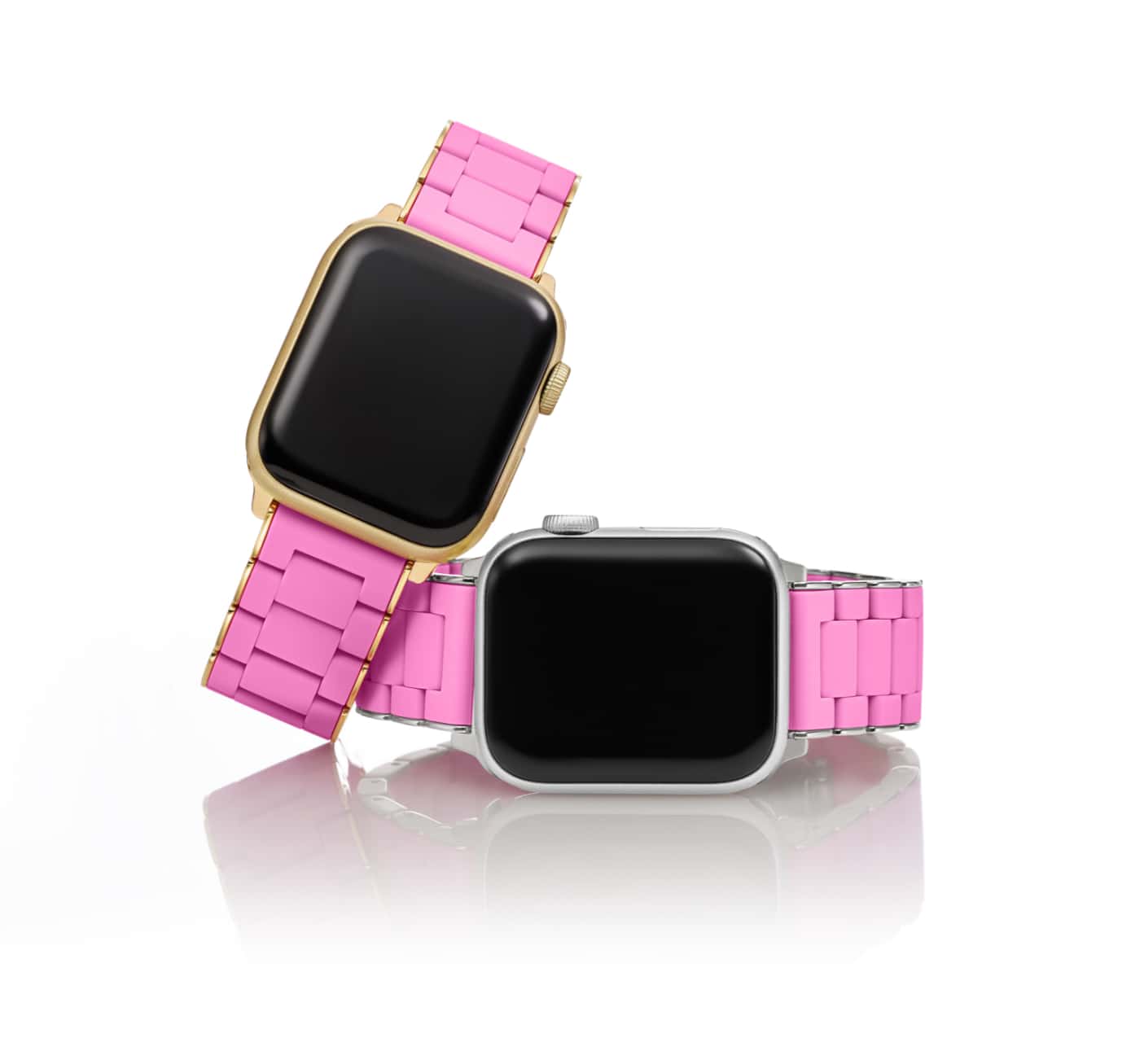 Two silicone-wrapped bands for Apple Watch® in Susan G. Komen's® signature pink color with stainless and gold-tone.
