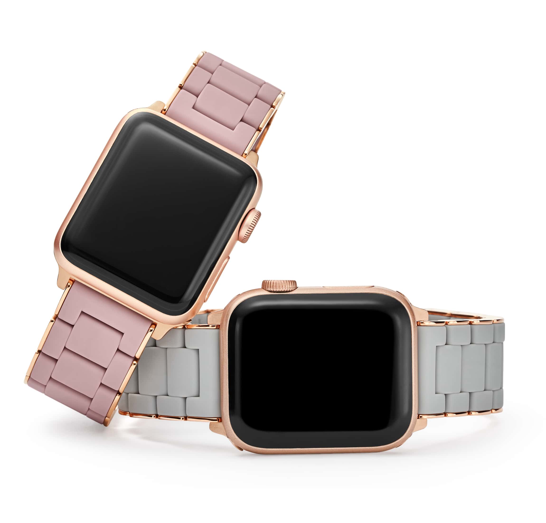 Bands for Apple Watch® in two-tone stainless with 18K gold and two-tone stainless with 18K pink gold.