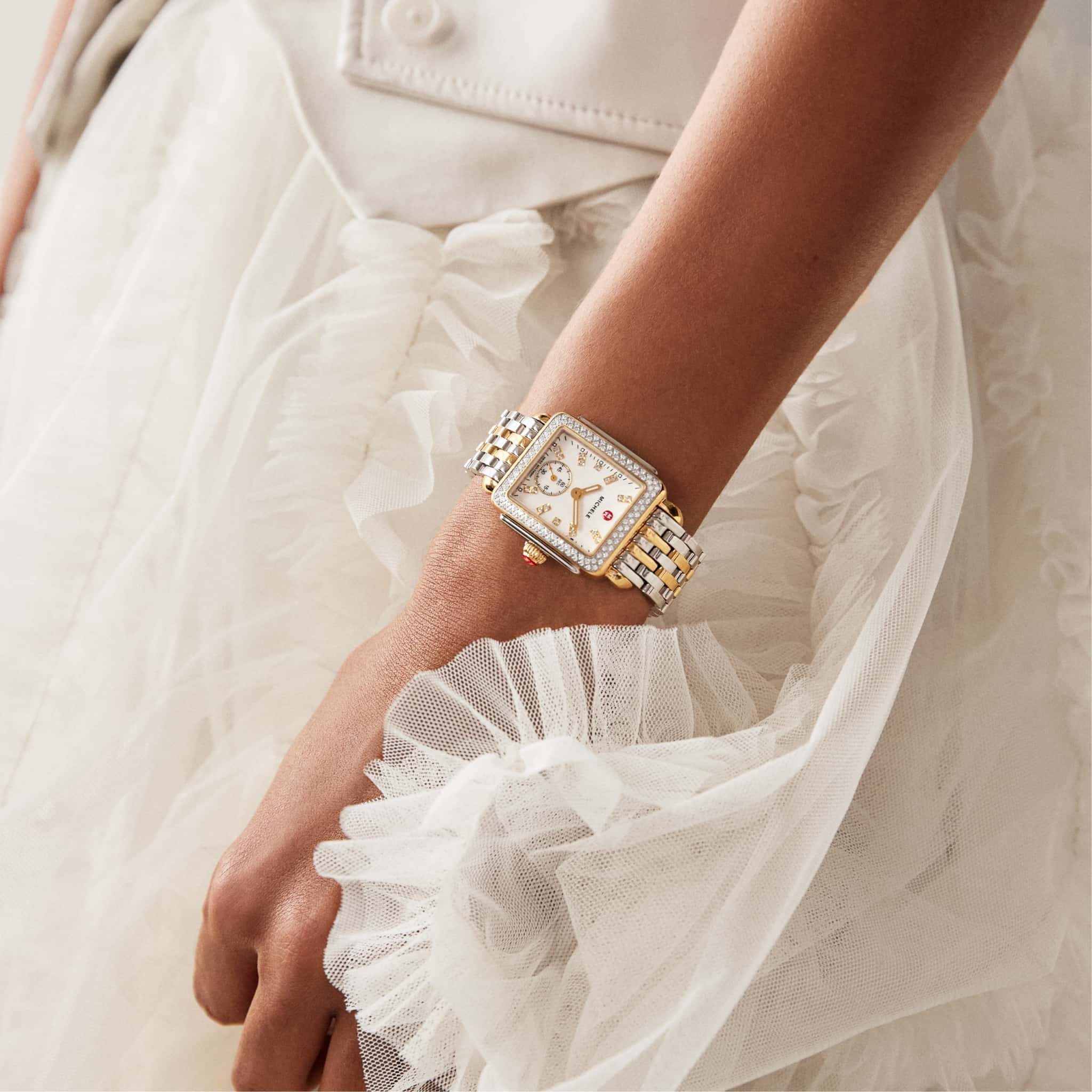 Bridal shot featuring a MICHELE Deco watch