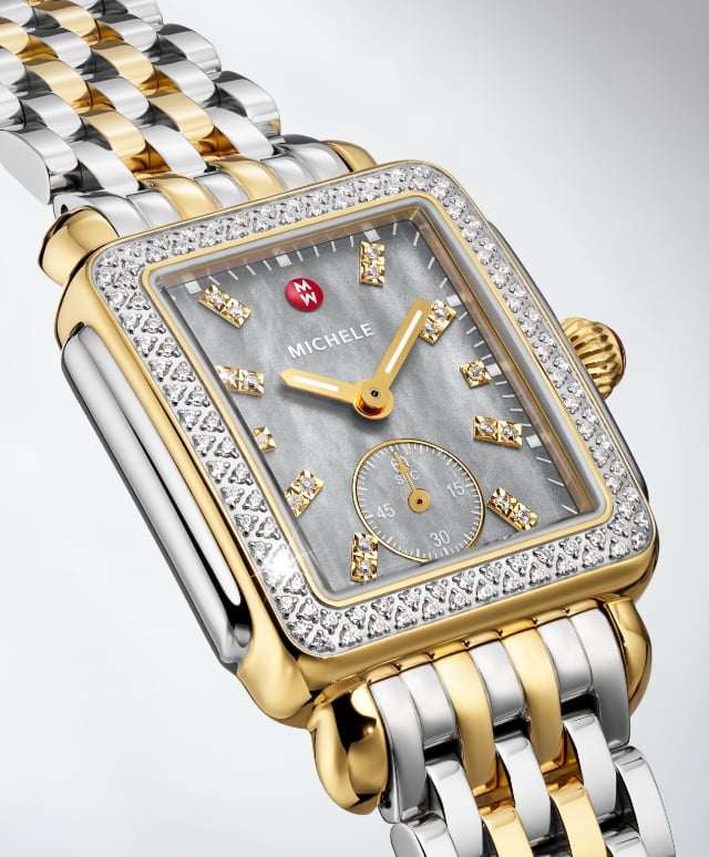 Close up of the Deco Mid Graphite Two-tone 18K Gold-plated watch